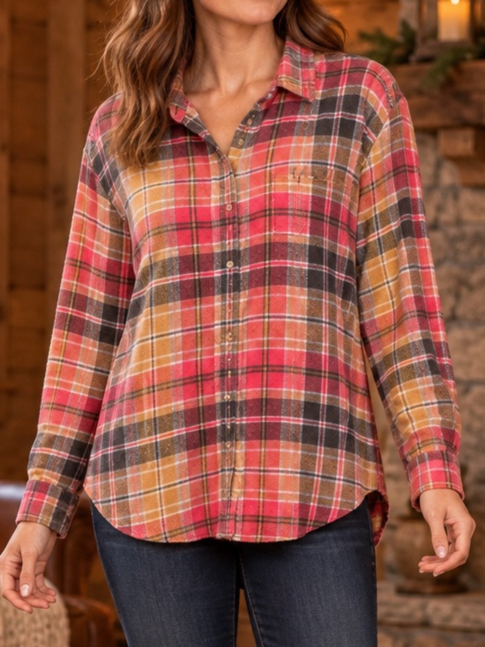American Eagle- Pink & Mustard Plaid Boyfriend Flannel Shirt Size Small
